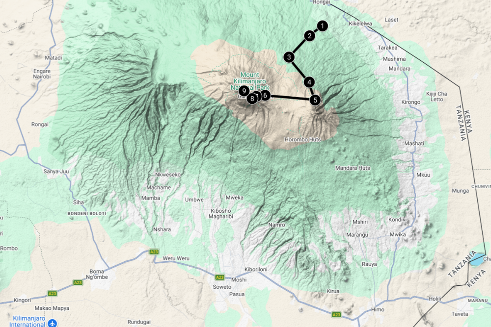Karte der Kikelewa-Route auf den Kilimanjaro in Tansania